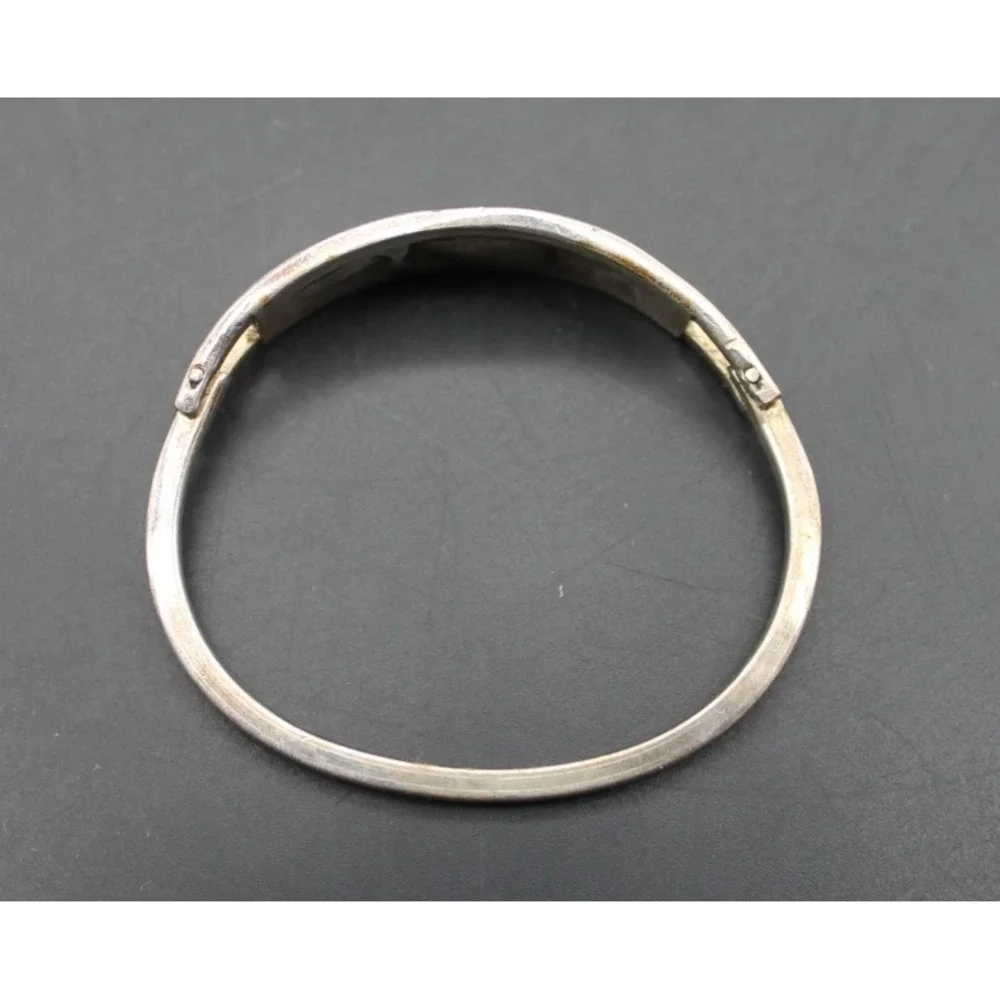 Vintage Mexico Sterling Silver Red Enamel Child Bangle Bracelet Mother of Pearl
